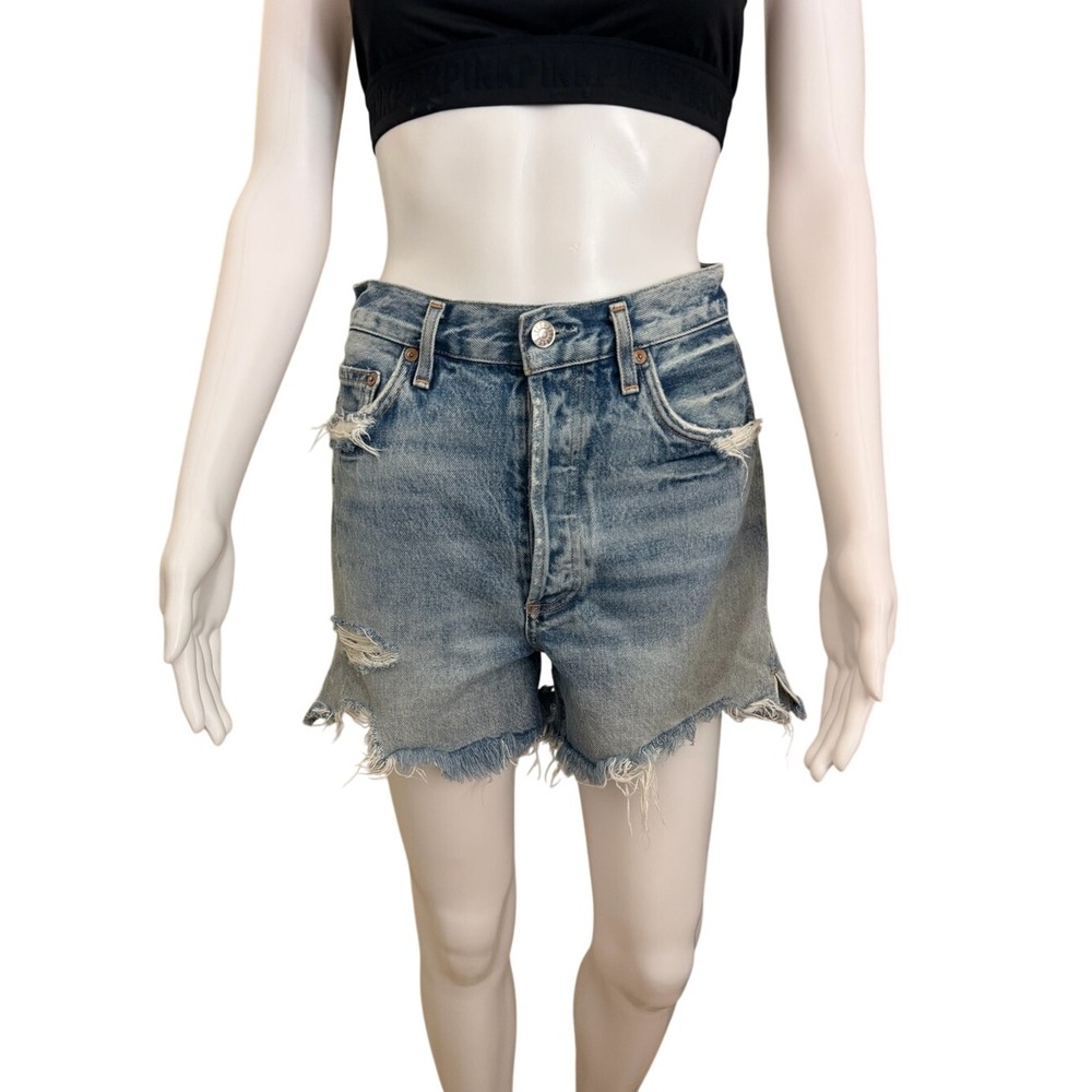 AGOLDE Distressed Light Blue Washed High Rise Denim Jean Shorts Size 27